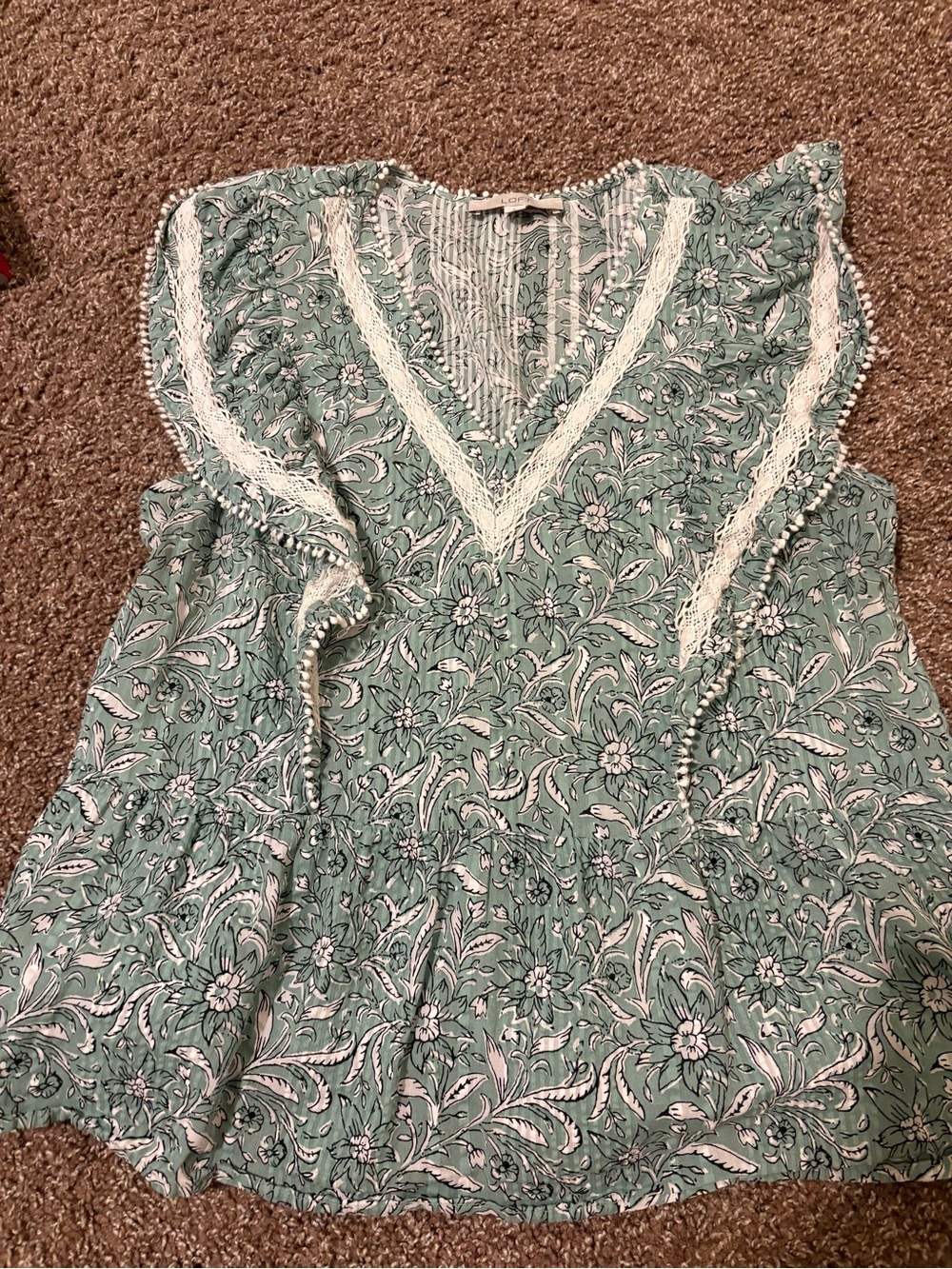 Women's Sage Green Floral V-Neck Lace Trim Top